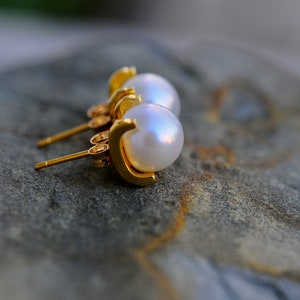9mm White Pearl Earrings: Gold over Sterling Silver, Handcrafted