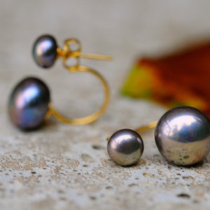 Black Pearl Stud Earrings with Gold Plated Sterling Silver Jackets