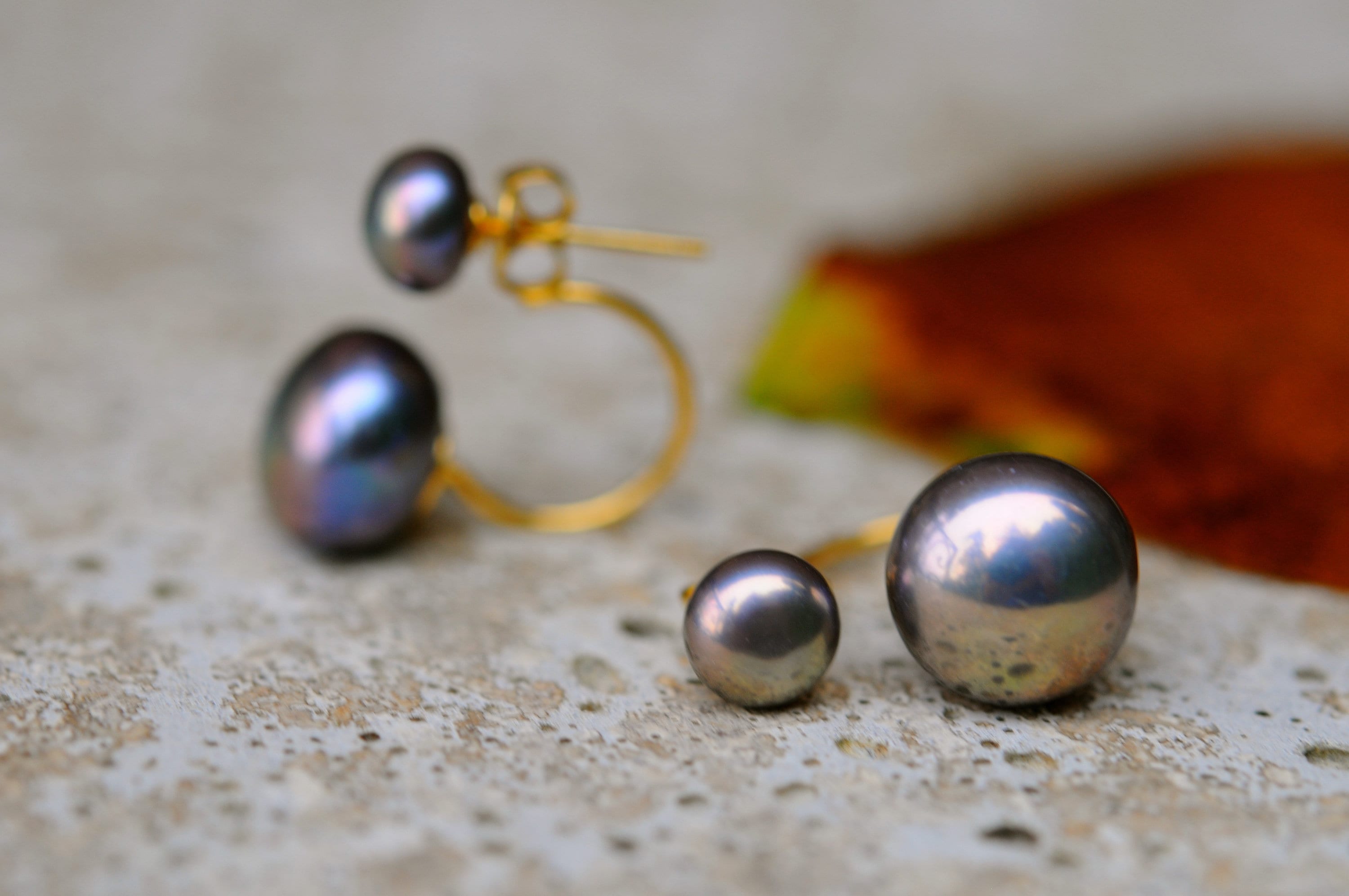 Double Black Pearl Earrings, Black Pearl Studs and Jackets