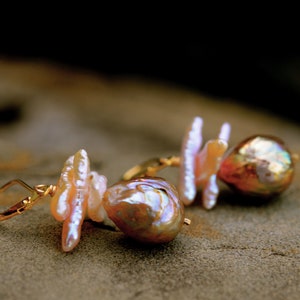 Golden Baroque Pearl Earrings, Gold and Pink Pearl Drop Dangle Earrings