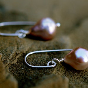 Pink Small Baroque Pearl Dangle Earrings, Pink Single Drop Pearl Earrings, Handmade Sterling Silver Ear Wires