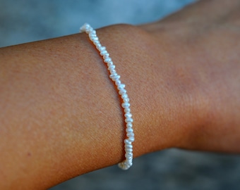 Delicate Tiny Seed Pearl Bracelet, Tiny White Pearl Bracelet, Small Pearl Stackable Bracelet