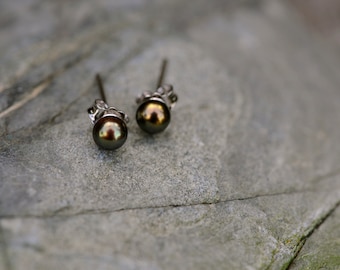 4mm Peacock Pearl Stud Earrings, Sterling Silver Posts