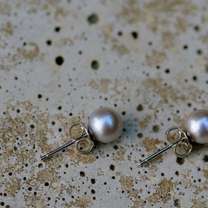 May include: A pair of silver stud earrings with a light purple pearl on each earring.