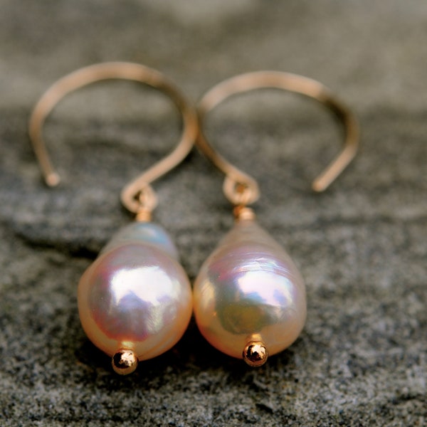 Creamy Champagne Small Baroque Pearl Dangle Earrings, Strong Light (Very Bright)Small Baroque Pearl Earrings on Gold Filled