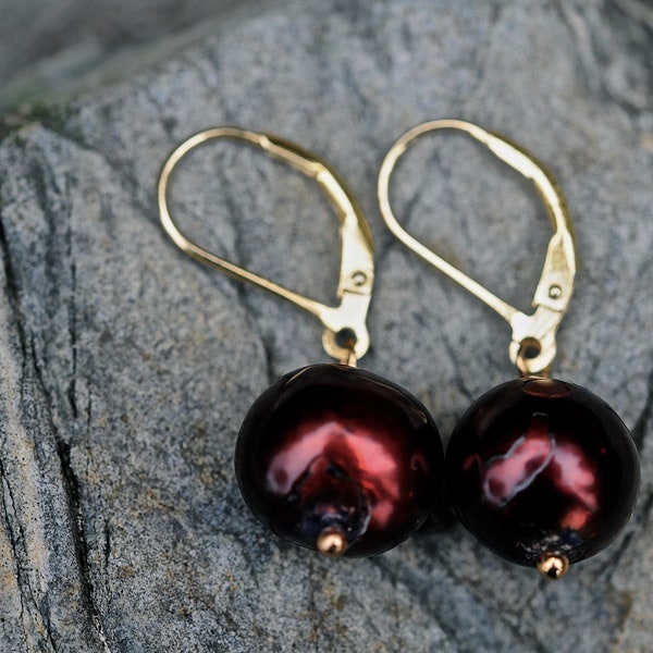 Pomegranate Red Pearl Dangle Earrings, Large Single Drop Red Pearl Earrings