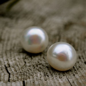 12mm Moonlit White Pearl Earrings: Sterling Silver Posts, Handmade