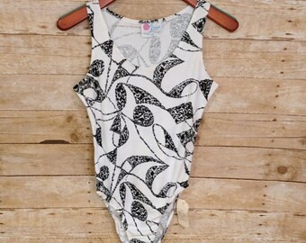 New Vintage Women's Cest George Bodysuit Leotard Black White Pattern Size Large 80s