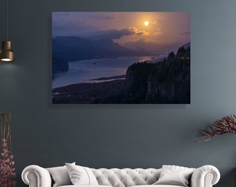 Columbia river gorge and Vista house at full moon light, Oregon, Pacific Northwest, nature, fine art canvas print, picture to hang on wall