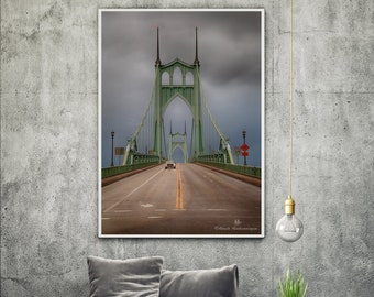 St. Johns bridge, Portland, Oregon, wall art decor, print, photography, rainy day, thunderstorm