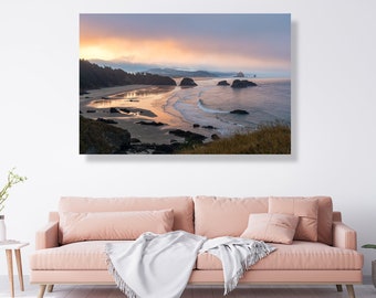 Cannon beach, Oregon at sunrise- fine art photography canvas print - Pacific ocean coast, beach poster, Pacific Northwest, wall décor, art