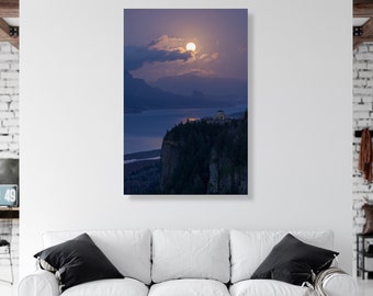 Columbia river gorge and Vista house at full moon light, Oregon, Pacific Northwest, nature, fine art canvas print, picture to hang on wall