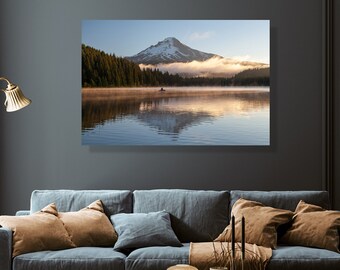 Trillium lake, mount Hood and a fisherman during sunrise-Oregon- fine art photography canvas print, Pacific Northwest, large wall décor