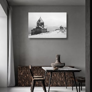 Sevan monastery Armenia - fine art photography canvas print, wall poster, black and white,  old ,  Armenia photography print, gift