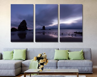 3 Panel Cannon beach at twilight - 36X21 fine art photography print - large beach poster, Oregon photo canvas, wall decor, art, triptych