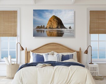 Haystack Rock in Cannon beach, Oregon, at sunrise- Original fine art photography canvas print - Pacific ocean, beach poster, wall decor