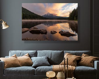 Trillium lake and Mount Hood  during sunrise, Oregon-Original fine art photography canvas print, Pacific Northwest, large wall décor