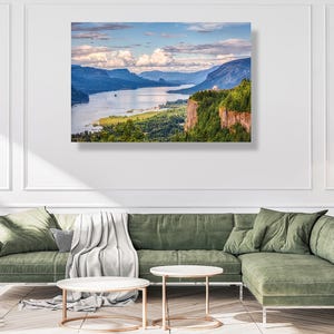 Columbia river gorge and Vista house in Oregon, sunset, Pacific Northwest, nature, canvas, print landscape, picture to hang on wall, décor