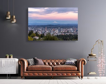 Mount Hood and Downtown Portland at twilight- Original Photo Art Work -fine art picture canvas print -Pacific Northwest, Oregon, wall décor,