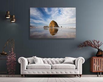 Haystack Rock in Cannon beach, Oregon, at sunrise- Original fine art photography canvas print - Pacific ocean, beach poster, wall decor