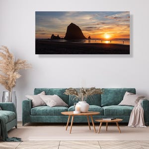 Panoramic picture of Cannon Beach, OR at sunset-Original fine art photography canvas print-Pacific ocean, large beach poster, PNW wall decor