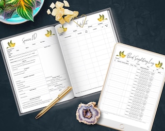Könnte beinhalten: Ein Vogelbeobachtungsprotokoll mit dem Titel "Bird Sighting Log" oben. Das Protokoll enthält Seiten für die Artenidentifizierung und eine Lebensliste sowie ein digitales Tablet mit einem ähnlichen Layout.