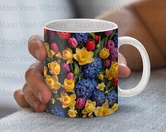Vibrant Spring Flowers Digital Artwork, 11oz and 15oz Mug Wraps, Mug Design, PNG Digital Download, Floral Mug Wrap Design