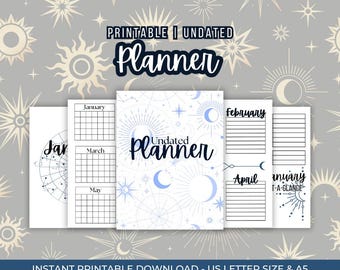 May include: Printable undated planner with a celestial theme. The cover features a blue and white pattern of stars, moons, and sunbursts. The pages include monthly calendar grids, weekly spreads, and a "January at a Glance" page.