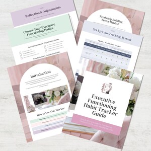 May include: A collection of printable guides for executive functioning habit tracking. The guides feature pastel pink, white, and green color schemes. Titles include "Choose Your Executive Functioning Habits" and "Executive Functioning Habit Tracker Guide."