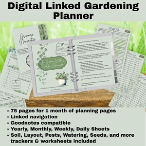 Op de afbeelding: Een digitale tuinplanner met een groene en witte omslag met de tekst "The Green Witch's Garden Grimoire". De planner bevat 75 pagina's voor één maand plannen, gekoppelde navigatie en is compatibel met Goodnotes. Hij bevat ook jaarlijkse, maandelijkse, wekelijkse en dagelijkse bladen, evenals trackers en werkbladen voor grond, lay-out, plagen, water geven, zaden en meer.