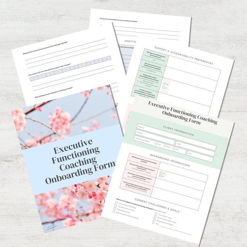 May include: A selection of printed forms for executive functioning coaching. The forms include sections for client information, background details, and current challenges. The cover features the title "Executive Functioning Coaching Onboarding Form" over a floral background.