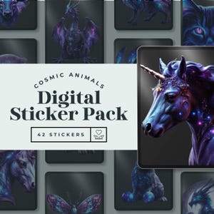 Stickers numériques animaux cosmiques célestes – 36 PNG | Des créatures de la galaxie pour agendas numériques, journaux, albums de coupures et amateurs d'esthétique magique
