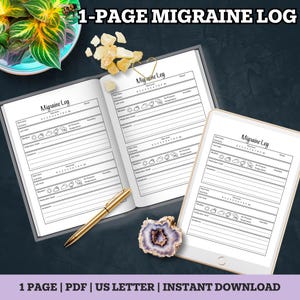 Pode incluir: Um diário digital de enxaqueca com o texto "Migraine Log" na capa e nas páginas internas. O diário inclui seções para o nível de dor, clima, medicação e sintomas. Uma caneta dourada e um tablet também são visíveis.