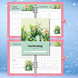 May include: A pink gardening planner with a watercolor illustration of flowers and watering cans. The planner has sections for yearly overview, garden ideas, and weekly planning. The cover says "Gardening Planner".