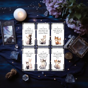 Paquet d'affirmations de chat imprimé moustaches mystiques - Jeu de cartes pour l'amour de soi et la réflexion - Joli cadeau de sorcière, taille mini, Oracle de chat spirituel
