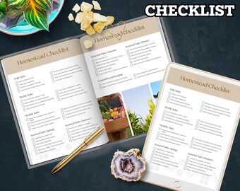 May include: A digital homestead checklist with the title "Homestead Checklist" in a black font. The checklist is open on a table with a pen, a decorative stone, and a plant. The checklist includes daily, weekly, monthly, and seasonal tasks.