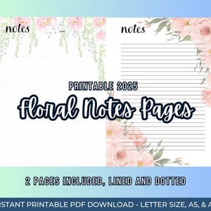 Aquarell Blumen Printable Notes Seiten in PDF-Formaten, A4, A5 und Letter Größen
