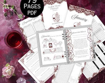 Gothic Rose Planner | Red & Black Printable PDF | Undated Yearly, Monthly, Weekly, Daily Pages | Poe Quotes | Witchy Journal