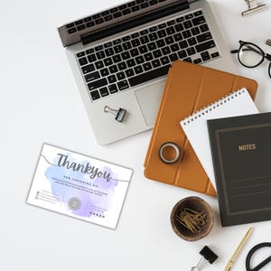 Cartão de agradecimento para impressão para pequenas empresas espirituais – 4x6 com código de desconto de 20% e solicitação de feedback – Modelo Canva em aquarela