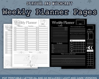 May include: Two printable weekly planner pages in black and white. The light version has a floral design and the dark version has a moon and stars design. Both pages include sections for tasks, gratitude, and notes.