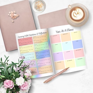 May include: A pink planner is open to a page with habit tracking and a year-at-a-glance calendar. A rose gold pen rests on the page. Two closed pink planners, a cup of coffee, and a small bowl of white granules are also visible.