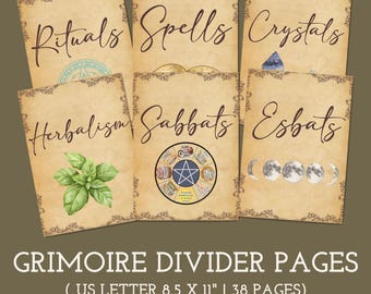 May include: A collection of grimoire divider pages with titles like "Rituals," "Spells," and "Crystals." The pages have a vintage parchment design with decorative borders. The text "GRIMOIRE DIVIDER PAGES" is at the bottom. Each page is 8.5 x 11 inches.