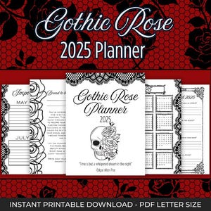2025 Year Planner Printable Gothic Rose Planner & Journal – Digital Download – Roses, Skulls, and Lace, Instant PDF, Monthly Calendar