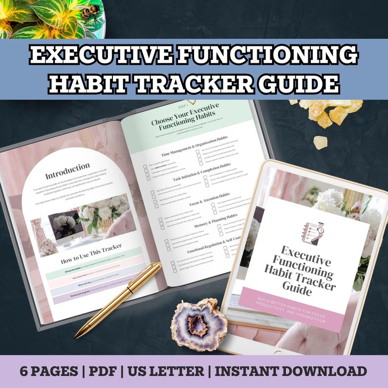 May include: An open planner and tablet display the text "Executive Functioning Habit Tracker Guide." The planner pages include sections for time management, task initiation, and focus habits. A gold pen and decorative items are also visible.