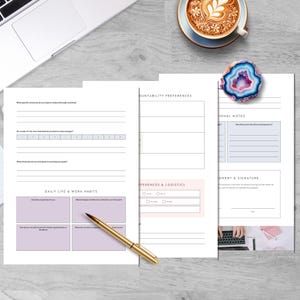 May include: A workspace scene featuring a laptop, coffee, and planner pages. The pages include sections for daily life and work habits, accountability preferences, and personal notes. A gold pen lies on the pages, and a decorative geode is on the right.