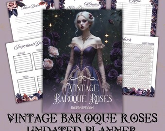 Gothic Floral Digital Planner – Undated Vintage Baroque Roses Printable, 79 Pages, Weekly, Monthly & Daily Planner, Journal + Trackers