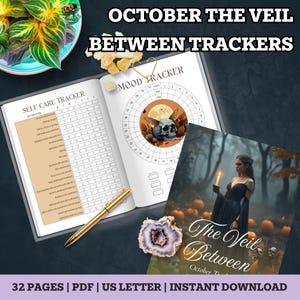 Könnte beinhalten: Geöffneter Planer mit dem Text "OCTOBER THE VEIL BETWEEN TRACKERS". Enthält einen "SELF CARE TRACKER" und einen "MOOD TRACKER" mit einer Totenkopf-Grafik. Enthält einen goldenen Stift, einen dekorativen Stein und ein Buchcover mit einer Frau, die eine Kerze hält.