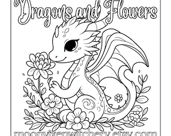 Páginas para colorear para adultos de dragones y flores para imprimir