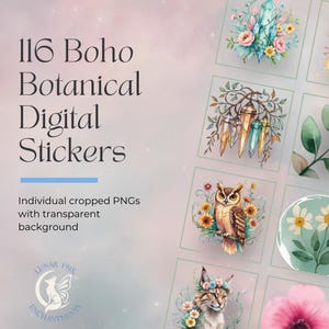 May include: Digital stickers with a boho botanical theme. The image features a collection of 116 individual PNGs with transparent backgrounds. The stickers include illustrations of crystals, flowers, an owl, and a cat with a floral crown. The Lunar Fox Enchantments logo is also visible.
