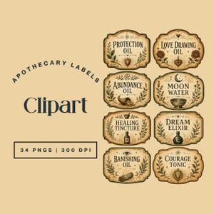 May include: A collection of eight vintage-style apothecary labels featuring beige backgrounds and dark brown text. The labels include titles such as Protection Oil, Love Drawing Oil, Abundance Oil, Moon Water, Healing Tincture, Dream Elixir, Banishing Oil, and Courage Tonic.
